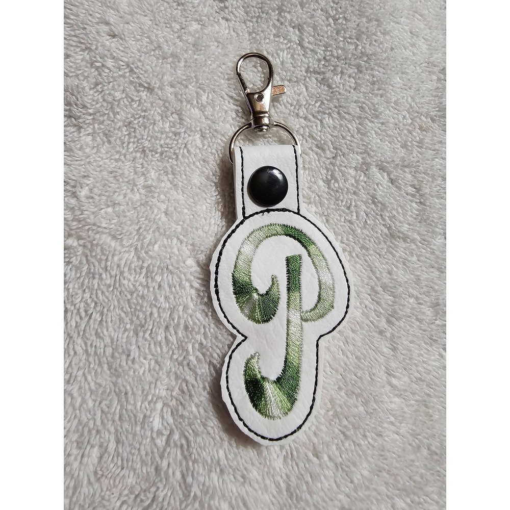 Initial P Keychain Embroidered‎ Letter P Keyring Bag Charm Green White
